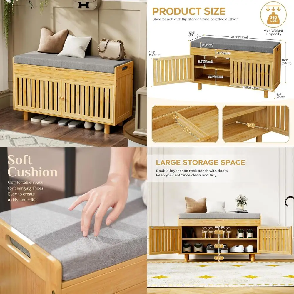 Shoe Storage Bench, Bamboo Entryway Bench with 2 Doors & Padded Seat Cushion, 35.4" W x 12.6" D x 19.7" H, 2-Tier Shoe Rack with
Shoe Storage Bench, Bamboo Entryway Bench with 2 Doors & Padded Seat Cushion, 35.4" W x 12.6" D x 19.7" H, 2-Tier Shoe Rack with