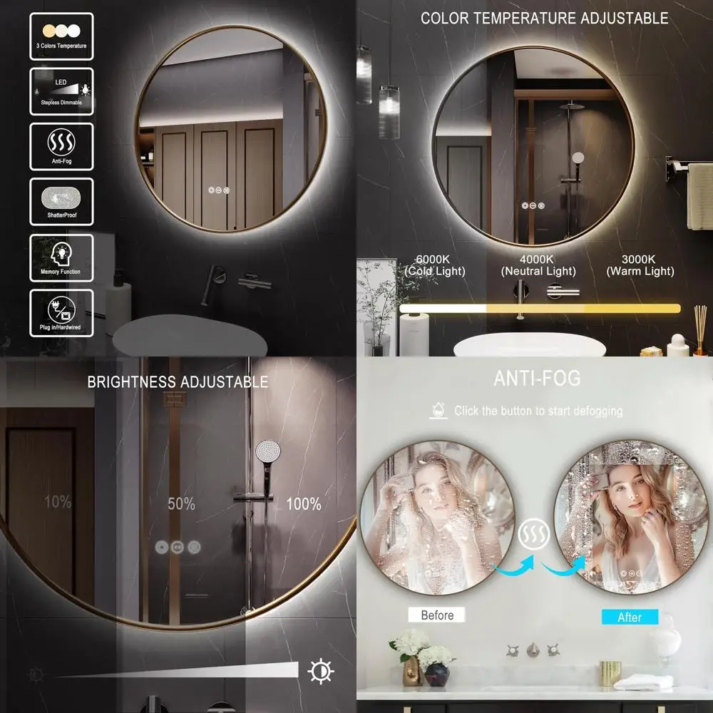 36 Round LED Vanity Mirror with Backlit, Anti-Fog, 3-Color & Dimmable, Wall-Mounted Makeup Mirror in Gold Frame
36 Round LED Vanity Mirror with Backlit, Anti-Fog, 3-Color & Dimmable, Wall-Mounted Makeup Mirror in Gold Frame