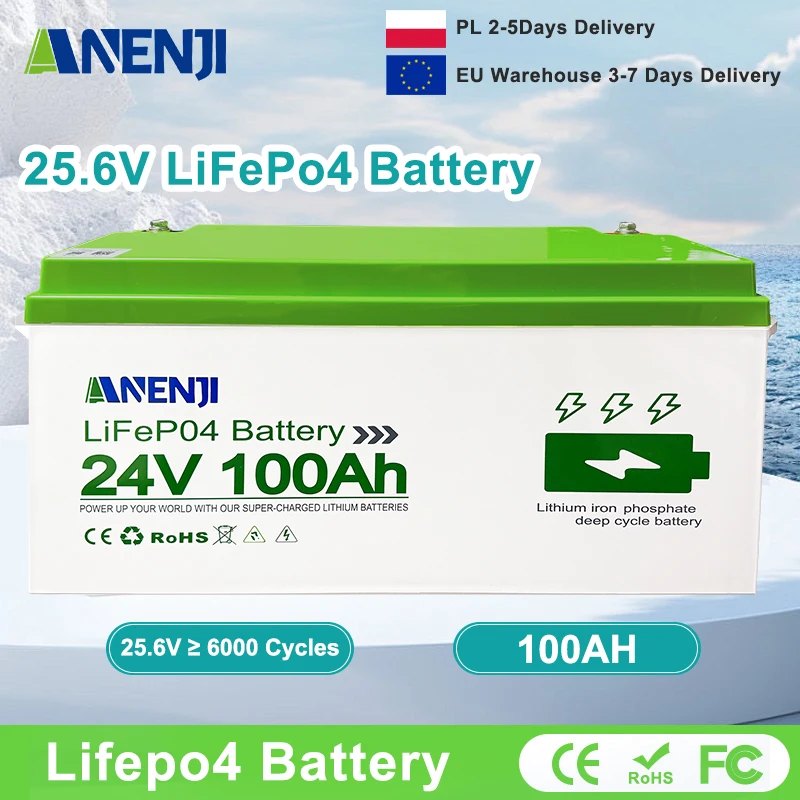 24V LiFePO4 Battery 100AH 12V Solar Phosphate Battery Portable Rechargeable Battery 6000 cycles Built-in BMS 
24V LiFePO4 Battery 100AH 12V Solar Phosphate Battery Portable Rechargeable Battery 6000 cycles Built-in BMS