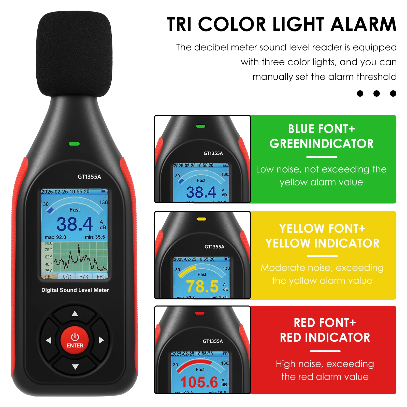 Meter Data Logger Digital Sound Decibel Meter with 43,000 Data Record Export USB Noise Meter 3Color Alarm Real Time Measurement
Meter Data Logger Digital Sound Decibel Meter with 43,000 Data Record Export USB Noise Meter 3Color Alarm Real Time Measurement