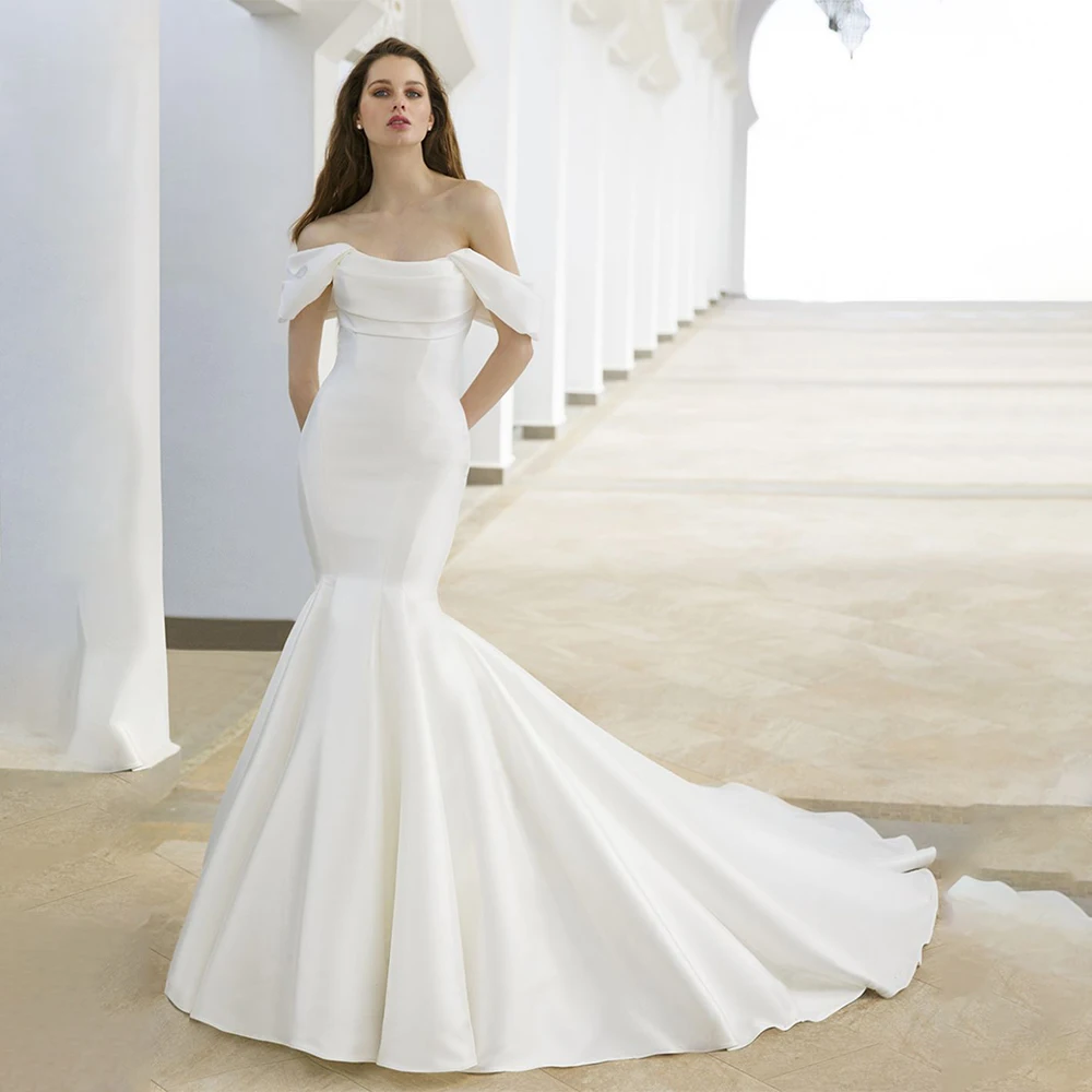 Elegant Off The Shoulder Scoop Neckline Satin Mermaid Wedding Dresses Sweep Train Custom Made Vestido De Noival
Elegant Off The Shoulder Scoop Neckline Satin Mermaid Wedding Dresses Sweep Train Custom Made Vestido De Noival