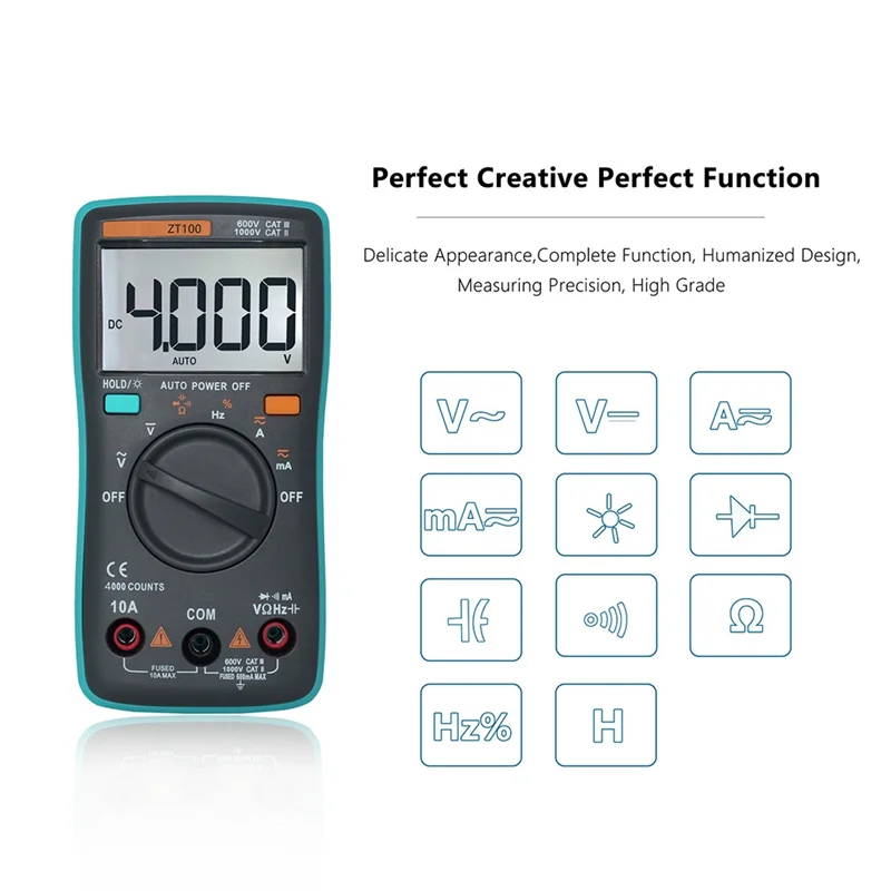 BSIDE ZT100 Digital Multimeter 4000 Counts DC/AC Voltage Current Capacitance Hz Diode Ohm Tester Ammeter Voltmeter
BSIDE ZT100 Digital Multimeter 4000 Counts DC/AC Voltage Current Capacitance Hz Diode Ohm Tester Ammeter Voltmeter
