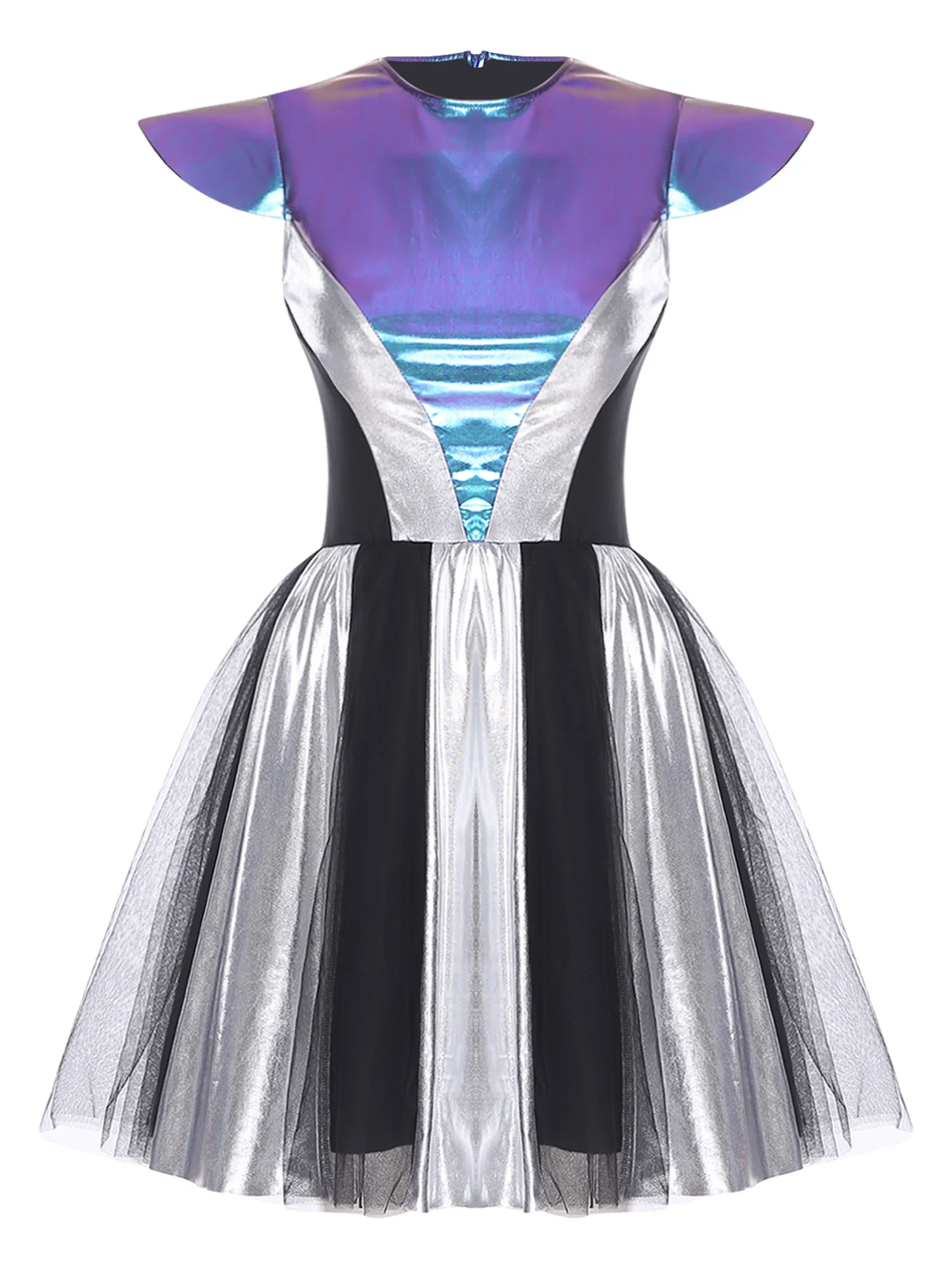 Women Space Alien Cosplay Costume Shiny Metallic Dress Round Neck Short Sleeve A-Line Puffy Dress for Rave Parties
Women Space Alien Cosplay Costume Shiny Metallic Dress Round Neck Short Sleeve A-Line Puffy Dress for Rave Parties