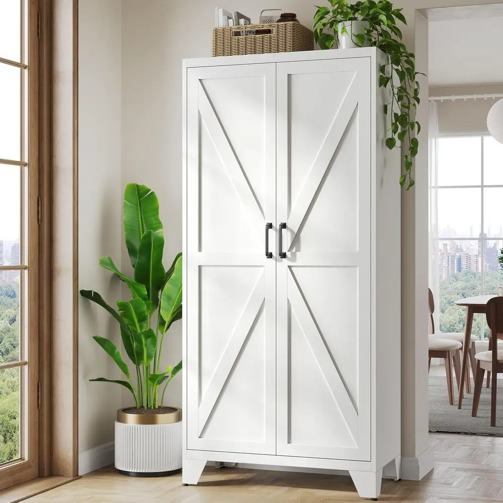 75 Tall Metal White Storage Cabinet with 2 Doors and 4 Adjustable Shelves, Kitchen Pantry, 5-Tier Freestanding Barn Door Cupboar
75 Tall Metal White Storage Cabinet with 2 Doors and 4 Adjustable Shelves, Kitchen Pantry, 5-Tier Freestanding Barn Door Cupboar