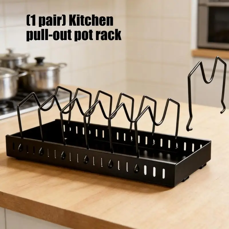 Pull Out Kitchen Pot Rack With 2 Level Movable Shelves Strong Carbon Steel Storage For Pans And Cookware D2RD