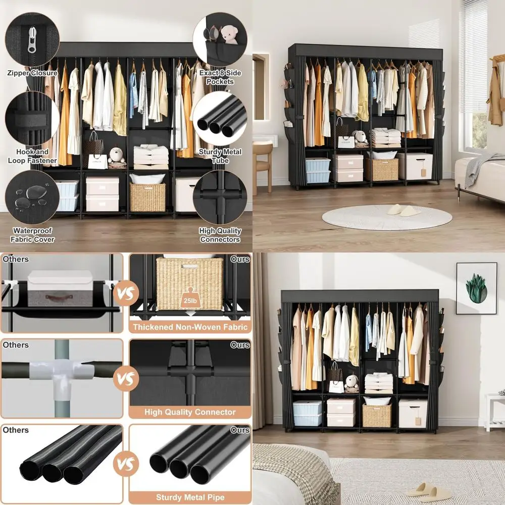 67 Wide Freestanding Portable Wardrobe with 4 Rods, Shelves, and Pockets, Black
67 Wide Freestanding Portable Wardrobe with 4 Rods, Shelves, and Pockets, Black