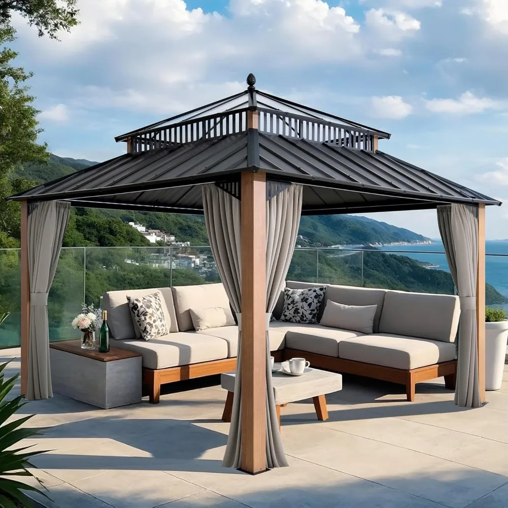 Kingston 12' x 12' Hardtop Gazebo with Galvanized Steel/Polycarbonate Double Roof, Curtain and Netting, Woodgrain Finish
Kingston 12' x 12' Hardtop Gazebo with Galvanized Steel/Polycarbonate Double Roof, Curtain and Netting, Woodgrain Finish