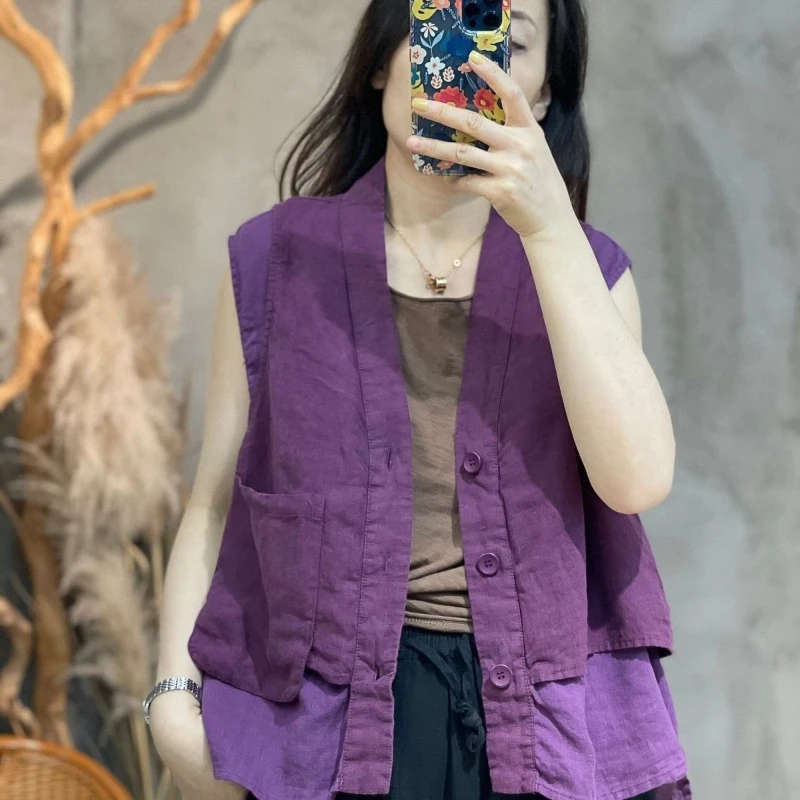 Purple Mandarin Collar Sleeveless Vest With Buttons And Pockets Casual Loose Fit Chinese Style Top For Women Spring Autumn Wear
Purple Mandarin Collar Sleeveless Vest With Buttons And Pockets Casual Loose Fit Chinese Style Top For Women Spring Autumn Wear