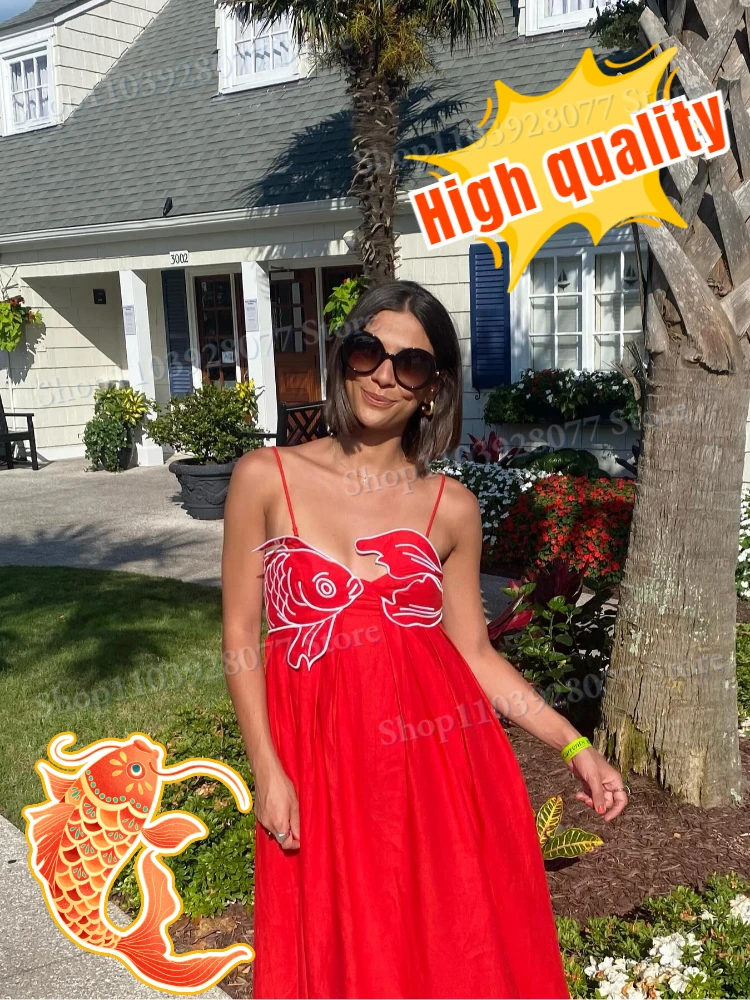 Red Embroidery Fish Shaped Womens Dresses Loose Sling Sleeveless Backless Pleated Dress 2024 Summer Chic Lady Party Holiday Robe
Red Embroidery Fish Shaped Womens Dresses Loose Sling Sleeveless Backless Pleated Dress 2024 Summer Chic Lady Party Holiday Robe