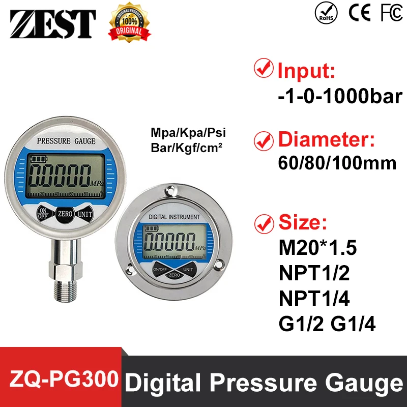 Smart LCD Digital Display Pressure gauge 100mm SS304 Oil Fuel Water Pressure Meter -1-0-1000bar LCD Display Pressure Gauge
Smart LCD Digital Display Pressure gauge 100mm SS304 Oil Fuel Water Pressure Meter -1-0-1000bar LCD Display Pressure Gauge