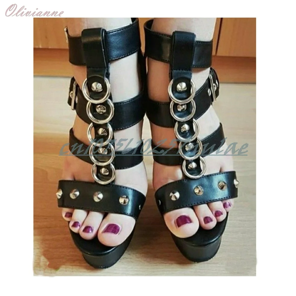 Black Leather Studded Ring Gladiator Sandals Platform Stiletto High Heel Gothic Punk Shoes for Clubwear Women Shoes Performance
Black Leather Studded Ring Gladiator Sandals Platform Stiletto High Heel Gothic Punk Shoes for Clubwear Women Shoes Performance