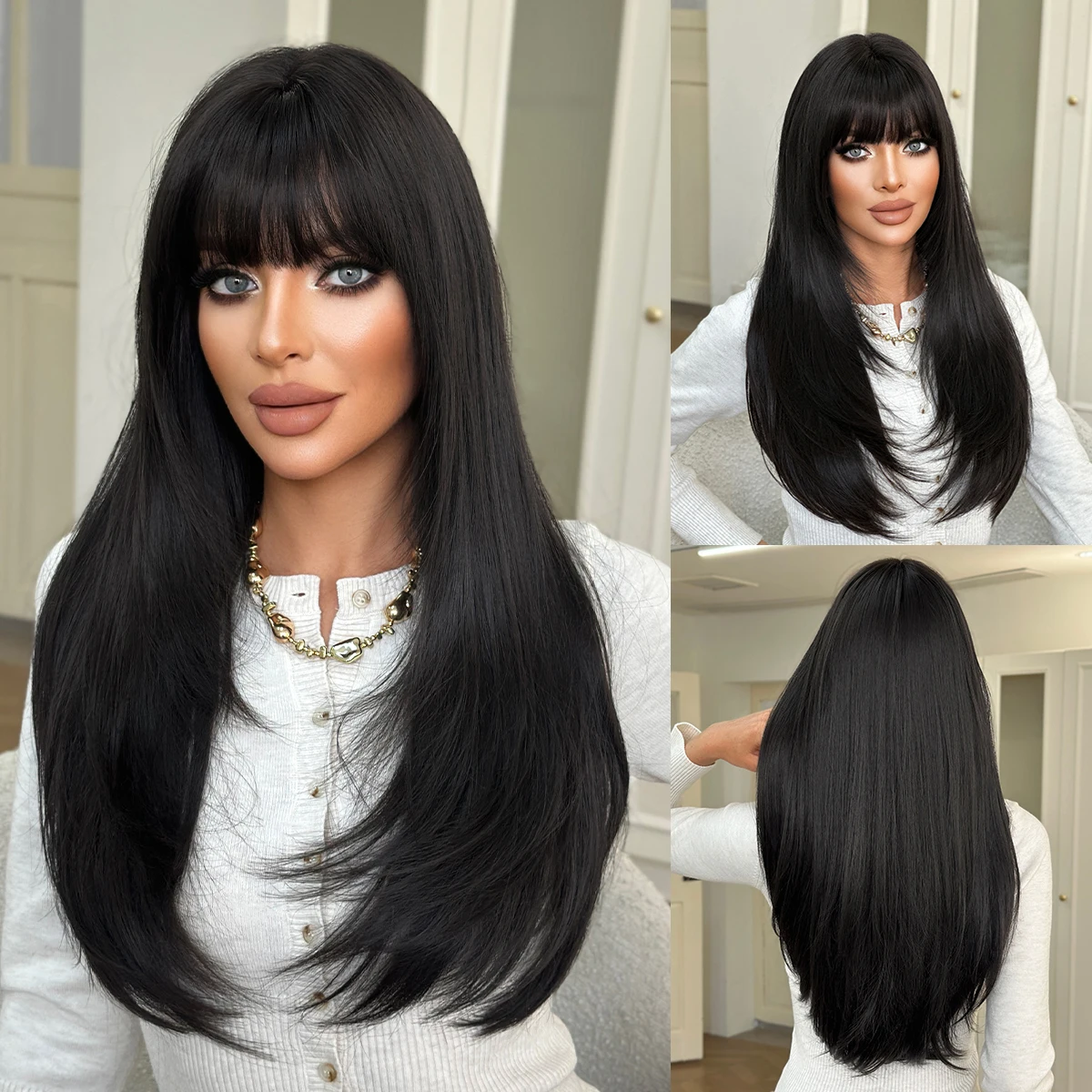 NAMM Long Straight Black Wigs For Women With Bangs Natural Looking Soft High Quality Synthetic Heat Resistant Fiber Wig Hair
NAMM Long Straight Black Wigs For Women With Bangs Natural Looking Soft High Quality Synthetic Heat Resistant Fiber Wig Hair