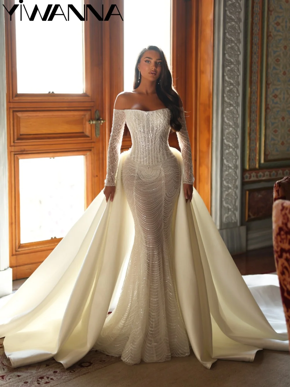 Dreamy Sparkly Beaded Wedding Dress With Overskirt Glamorous Off Shoulder Mermaid Bridal Gown New Customized Dresses For Bride
Dreamy Sparkly Beaded Wedding Dress With Overskirt Glamorous Off Shoulder Mermaid Bridal Gown New Customized Dresses For Bride