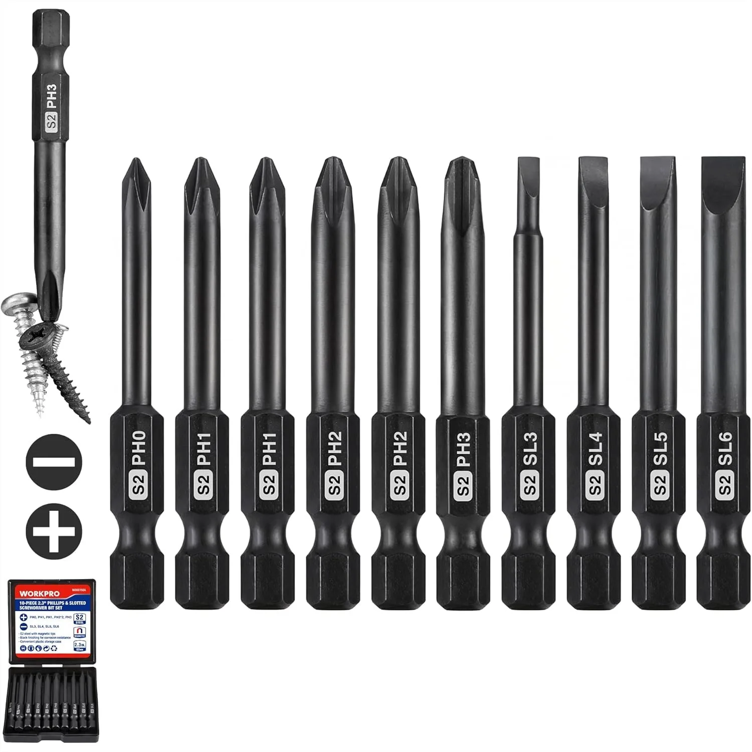10pcs Slotted Phillips Screwdriver Bit Set, CNC Machined S2 Steel Magnetic Bits, 1/4" Hex Shank, 2.3" Long with Storage Box
10pcs Slotted Phillips Screwdriver Bit Set, CNC Machined S2 Steel Magnetic Bits, 1/4" Hex Shank, 2.3" Long with Storage Box