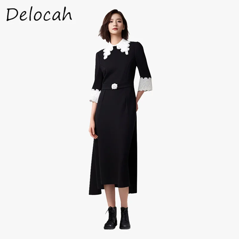 Delocah High-Quality Fashion Design Women's Flip Collar Lace Splicing Long Sleeve Belt Diamond Decoration Slimming Black Dress
Delocah High-Quality Fashion Design Women's Flip Collar Lace Splicing Long Sleeve Belt Diamond Decoration Slimming Black Dress