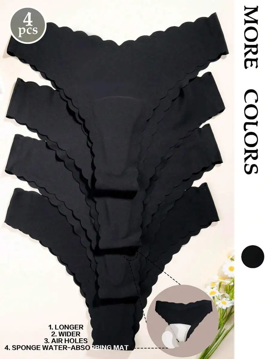 4 Pcs Women Solid Black Seamless Thong Panties With Air Holes And Sponge Absorbing Mat
4 Pcs Women Solid Black Seamless Thong Panties With Air Holes And Sponge Absorbing Mat