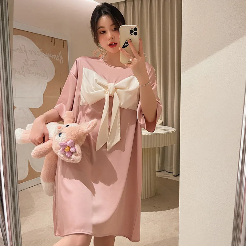 Women Bow Nightgown Sleepwear Summer Short Sleeve Nightdress Sweet Cute Girl Casual Loose Home Dress Thin Satin Lounge Wear
Women Bow Nightgown Sleepwear Summer Short Sleeve Nightdress Sweet Cute Girl Casual Loose Home Dress Thin Satin Lounge Wear