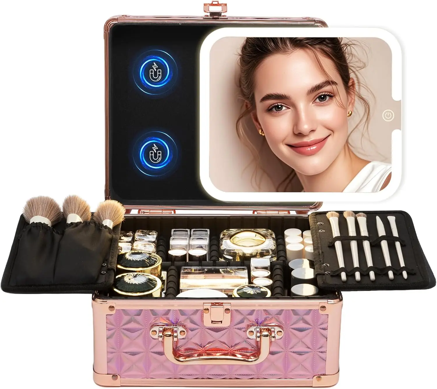 Pink Makeup Box with Detachable Lighted Mirror for Travel, Cosmetic Storage Organizer with Adjustable Dividers
Pink Makeup Box with Detachable Lighted Mirror for Travel, Cosmetic Storage Organizer with Adjustable Dividers