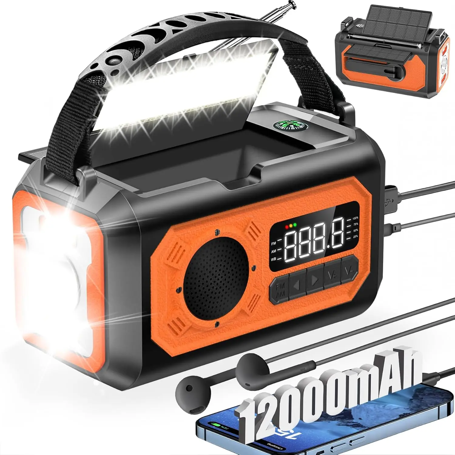 12000mAh Emergency Solar Radio with NOAA Weather Alerts, Hand Crank, Flashlight & Phone Charger
12000mAh Emergency Solar Radio with NOAA Weather Alerts, Hand Crank, Flashlight & Phone Charger