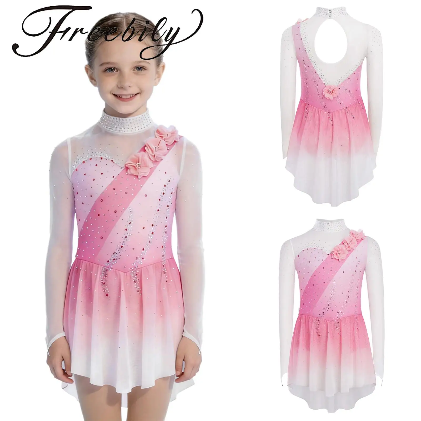 Kids Girls Dance Dress Mock Neck Sheer Mesh Patchwork Long Sleeves 3D Flowers Rhinestones Gradient Color Figure Skating Dress
Kids Girls Dance Dress Mock Neck Sheer Mesh Patchwork Long Sleeves 3D Flowers Rhinestones Gradient Color Figure Skating Dress