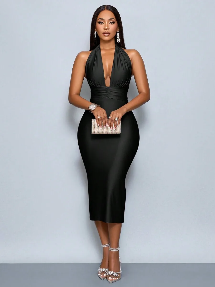 Solid Color Halter Backless Ruched Elegant Sleeveless Knee-Length Dress
Solid Color Halter Backless Ruched Elegant Sleeveless Knee-Length Dress