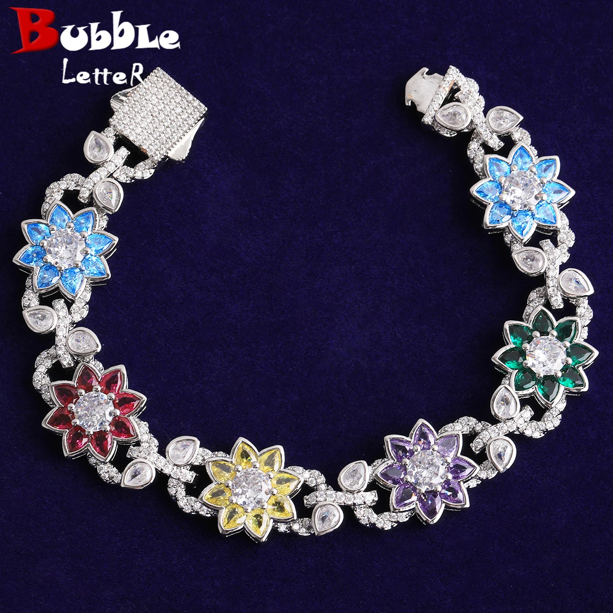10-Bubble Letter Iced Out Colorful Flower leaves Bracelet for Women Prong Setting Real Gold Plated Hip Hop Jewelry
10-Bubble Letter Iced Out Colorful Flower leaves Bracelet for Women Prong Setting Real Gold Plated Hip Hop Jewelry