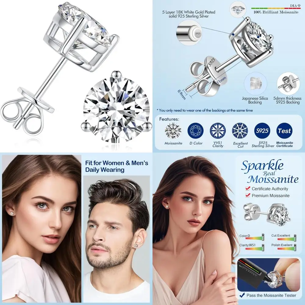 Moissanite Stud Earrings for Women - 3 Prong Sterling Silver D Color Ideal Cut Earrings with Certificate of Authenticity
Moissanite Stud Earrings for Women - 3 Prong Sterling Silver D Color Ideal Cut Earrings with Certificate of Authenticity