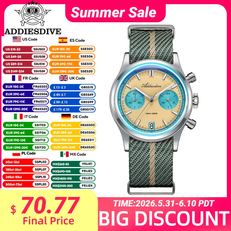 ADDIESDIVE Men's Quartz Chronograph Watch Luminous Bubble Glass 100m Waterproof Nylon Strap Watches For Man Fashion Watch AD2095
ADDIESDIVE Men's Quartz Chronograph Watch Luminous Bubble Glass 100m Waterproof Nylon Strap Watches For Man Fashion Watch AD2095