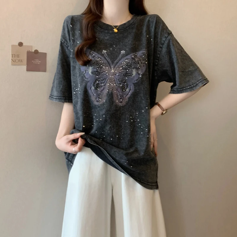 Women Clothing Rhinestone Color Butterfly Print T-shirt Y2k Korean Popular Clothes Vintage Washed Black Gray Plus Size T Shirt
Women Clothing Rhinestone Color Butterfly Print T-shirt Y2k Korean Popular Clothes Vintage Washed Black Gray Plus Size T Shirt