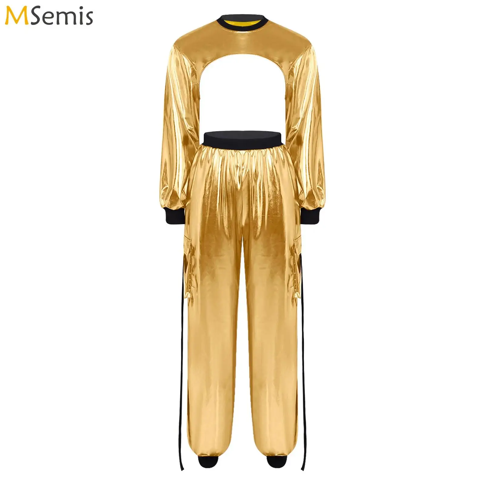 Womens Hip Hop Jazz Dance Disco Bar Outfit Metallic Shiny Long Sleeve Crop Top And Cargo Jogging Pants Performance Costume
Womens Hip Hop Jazz Dance Disco Bar Outfit Metallic Shiny Long Sleeve Crop Top And Cargo Jogging Pants Performance Costume
