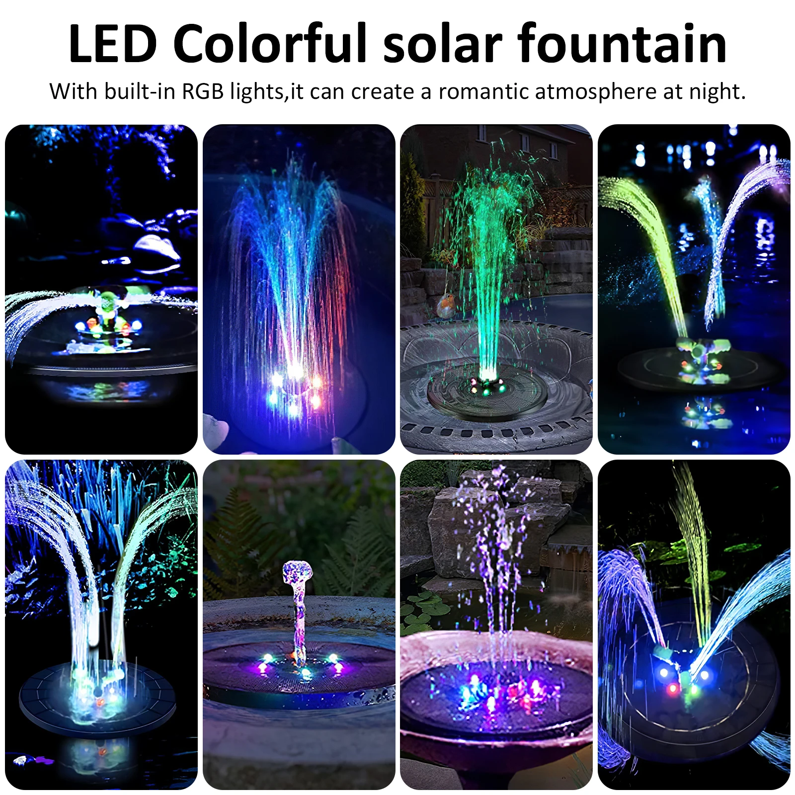 Solar Fountain Pump Colorful Lights for Garden Bird Bath Pool Pond Sprinkler RGB LEDs Floating Design Water Fountains Outdoor
Solar Fountain Pump Colorful Lights for Garden Bird Bath Pool Pond Sprinkler RGB LEDs Floating Design Water Fountains Outdoor