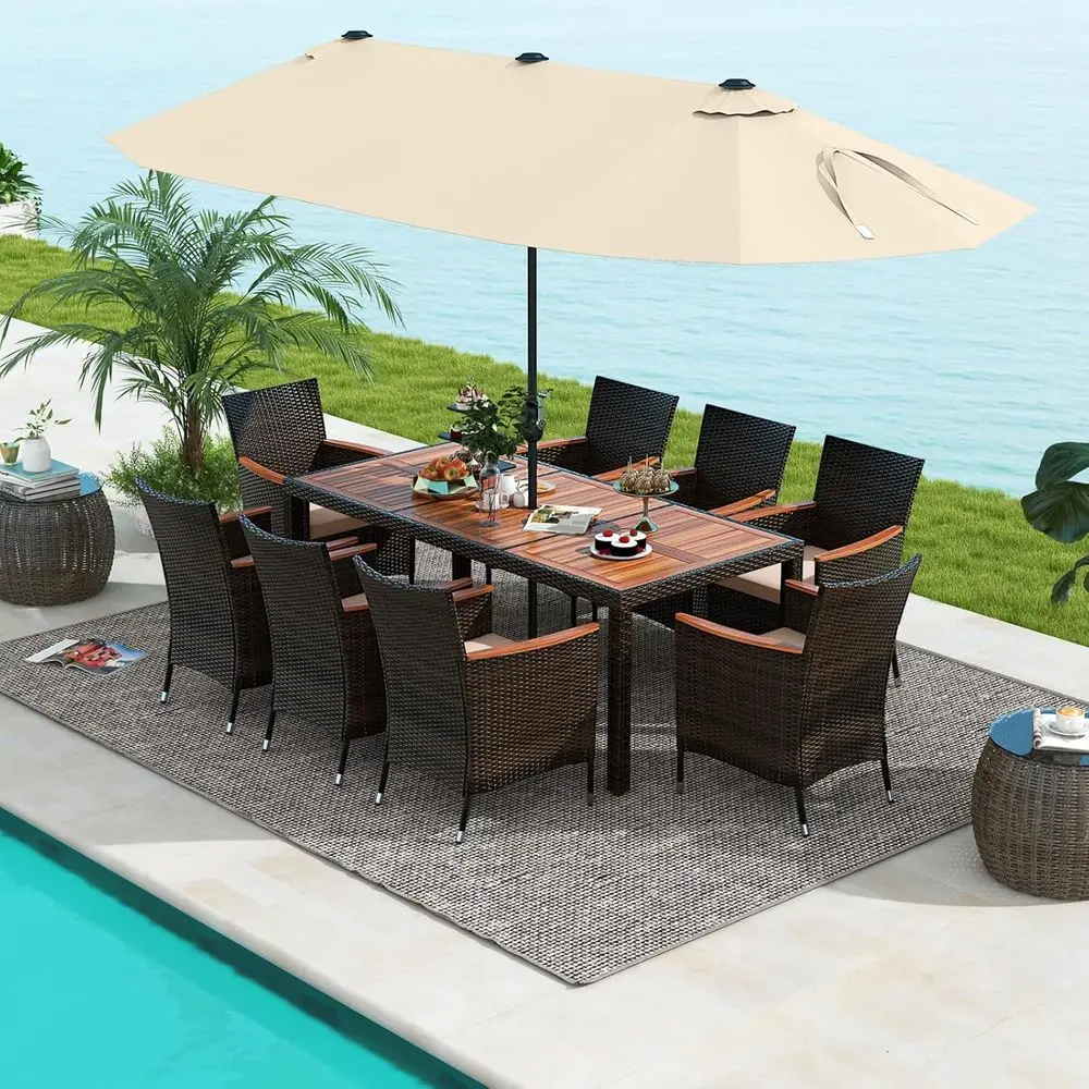 11 Piece Rattan Outdoor Dining Set with 15t Patio Umbrella or 8, Outdoor Wicker Table Set with 8 Cushioned Armchairs, Acacia Woo
11 Piece Rattan Outdoor Dining Set with 15t Patio Umbrella or 8, Outdoor Wicker Table Set with 8 Cushioned Armchairs, Acacia Woo