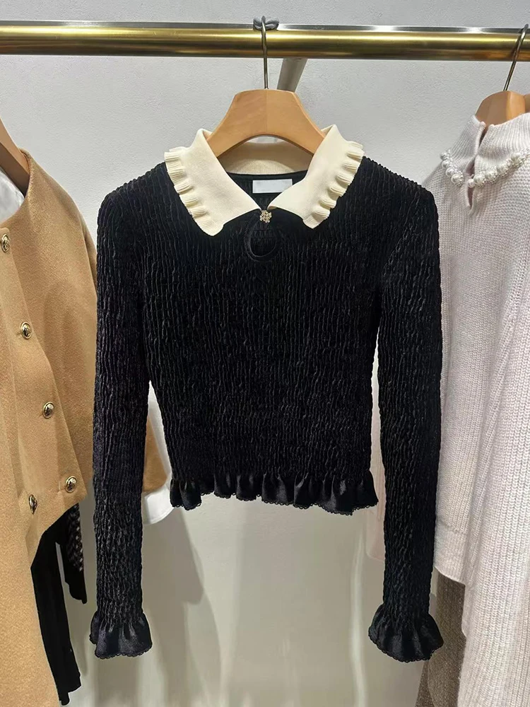 Ele Bla Velvet irt Women's Top Doll Collar Long Sve Knitted Casual Wear ort Length Faionable Winter Outfit
Ele Bla Velvet irt Women's Top Doll Collar Long Sve Knitted Casual Wear ort Length Faionable Winter Outfit