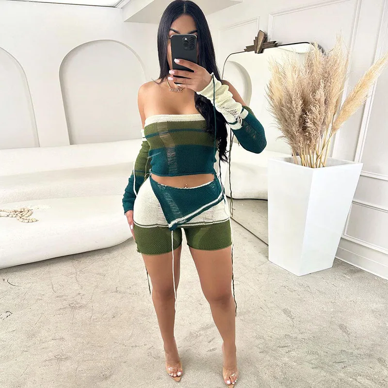 Color Patchwork Knitted Two Piece Set 2023 Autumn Women Tracksuits Off Shoulder Long Sleeve Strapless Crop Top Matching Shorts
Color Patchwork Knitted Two Piece Set 2023 Autumn Women Tracksuits Off Shoulder Long Sleeve Strapless Crop Top Matching Shorts