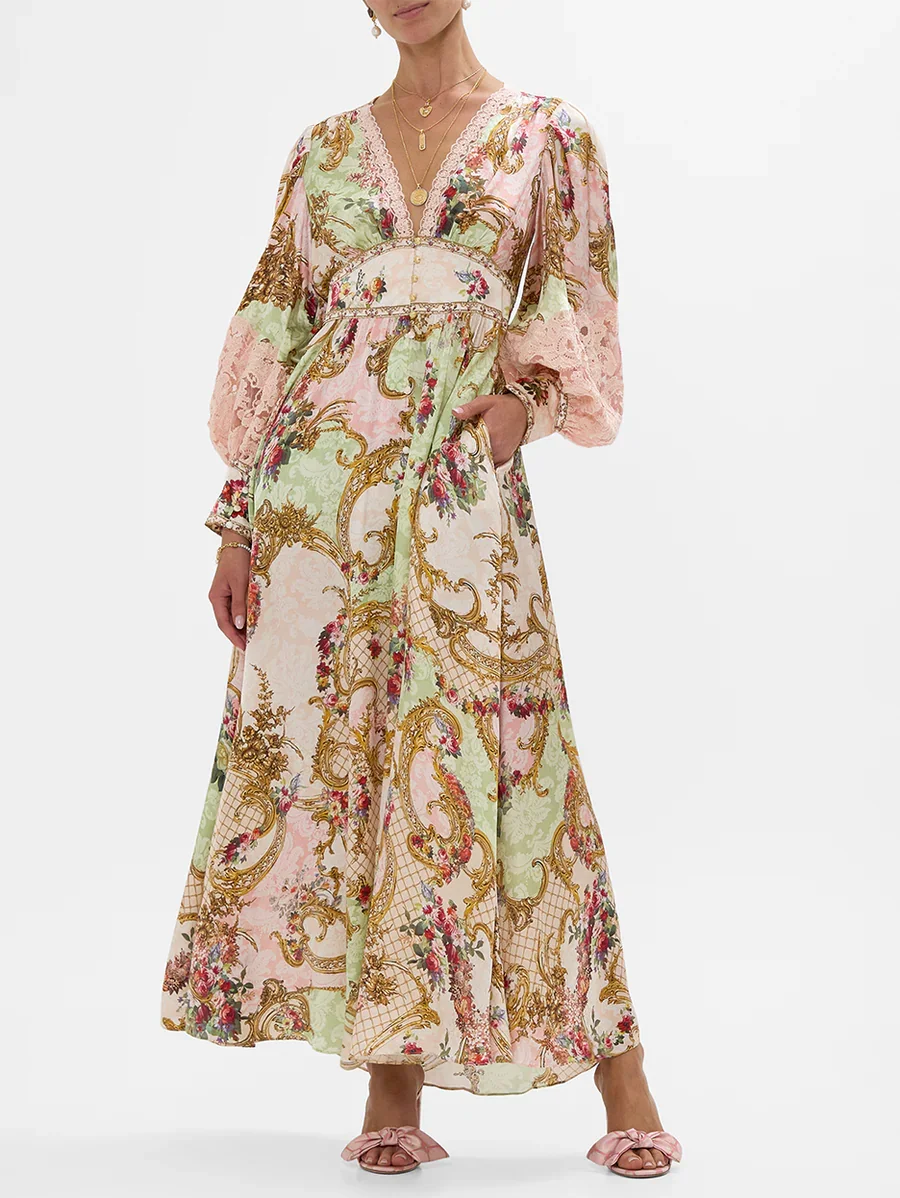 Women Flower Print Maxi Dress 2025 New Heavy Beaded Lace Spliced V-Neck Long Sleeve Elegant Ladies 100% Silk Robe
Women Flower Print Maxi Dress 2025 New Heavy Beaded Lace Spliced V-Neck Long Sleeve Elegant Ladies 100% Silk Robe