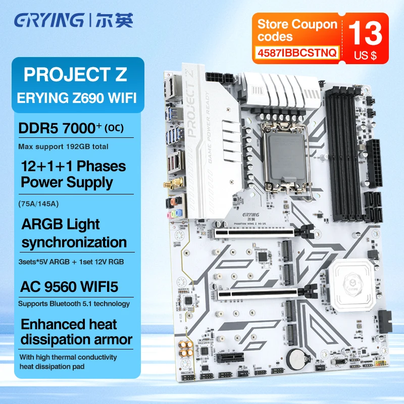 ERYING ATX Z690 Motherboard LGA1700 Support 14th/13th/12th i7 14700K i5 14600K 14900 13700 CPU 4xDDR5 7000MHz ARGB NVME M.2 WIFI
ERYING ATX Z690 Motherboard LGA1700 Support 14th/13th/12th i7 14700K i5 14600K 14900 13700 CPU 4xDDR5 7000MHz ARGB NVME M.2 WIFI