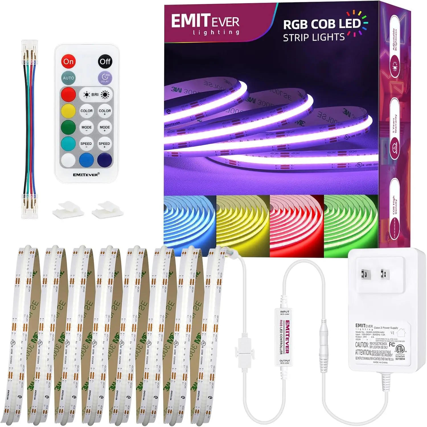 RGB LED Strip Light 16.4ft, Dimmable COB 24V Flexible LED Color Changing Tape Light Kit with Remote, High Density 3150LEDs
RGB LED Strip Light 16.4ft, Dimmable COB 24V Flexible LED Color Changing Tape Light Kit with Remote, High Density 3150LEDs