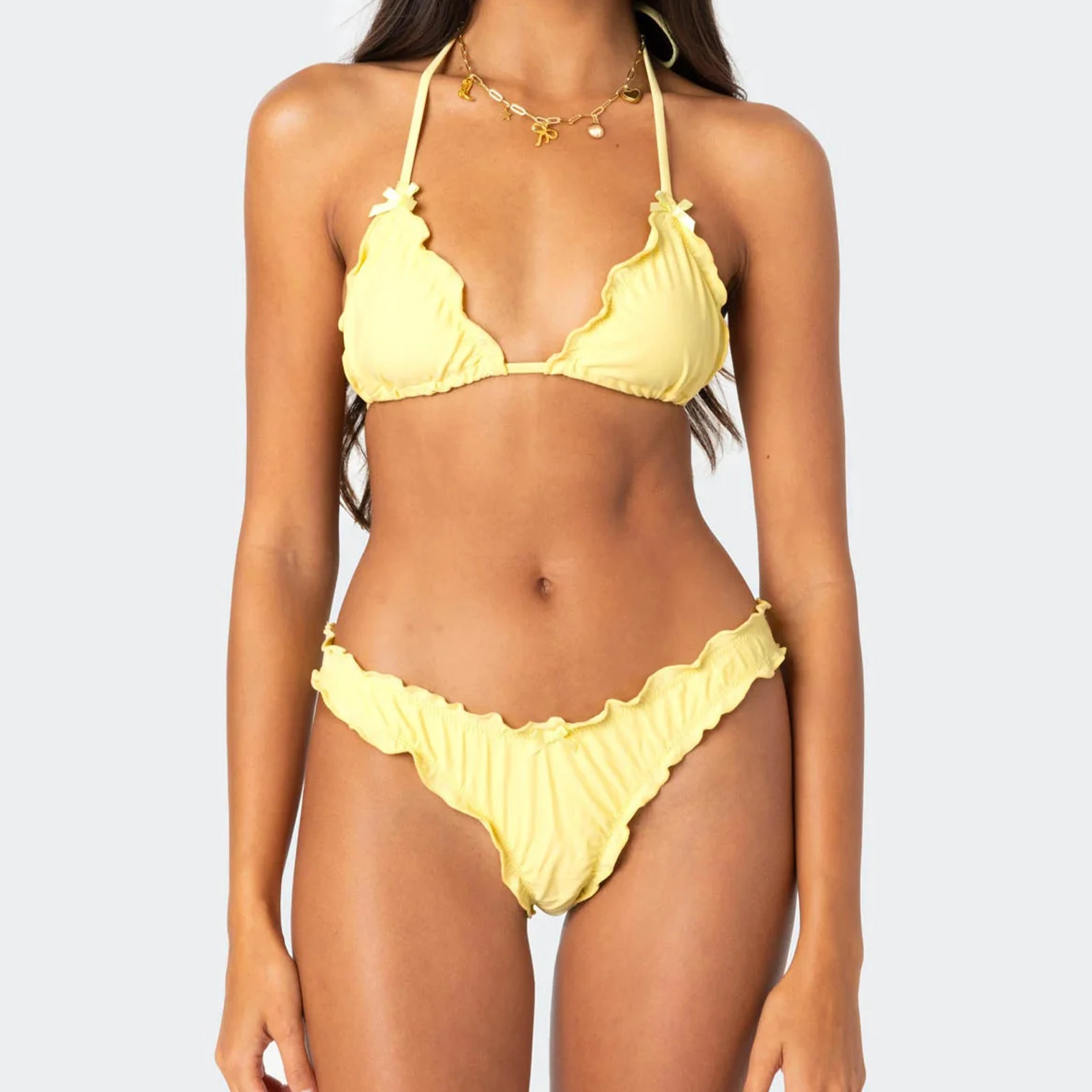 Women Solid Color Bikini Lettuce Trim Halter Neck Backless Bandage Swimsuit Low Waist Swimwear Summer Beach Bathing Suit Biquini
Women Solid Color Bikini Lettuce Trim Halter Neck Backless Bandage Swimsuit Low Waist Swimwear Summer Beach Bathing Suit Biquini