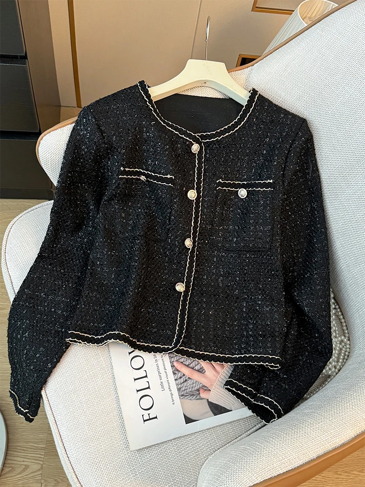 Black Coarse Tweed Long Sleeve Jacket for Women Autumn Temperament Single Breasted Short Coat Versatile Women's O-neck Tops
Black Coarse Tweed Long Sleeve Jacket for Women Autumn Temperament Single Breasted Short Coat Versatile Women's O-neck Tops