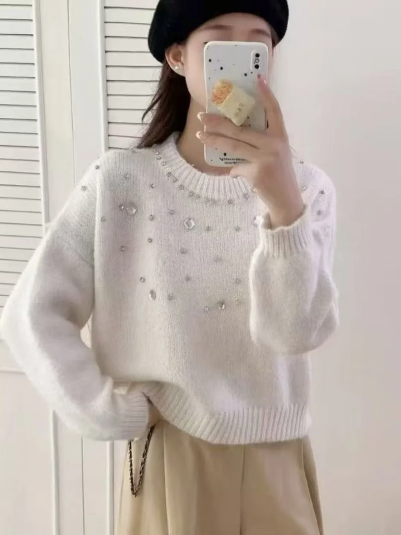 White Knitted Sweater round Ne ort Loose Heavy Diamond Embellied Spring Autumn Winter Women's Top Design Sense
White Knitted Sweater round Ne ort Loose Heavy Diamond Embellied Spring Autumn Winter Women's Top Design Sense