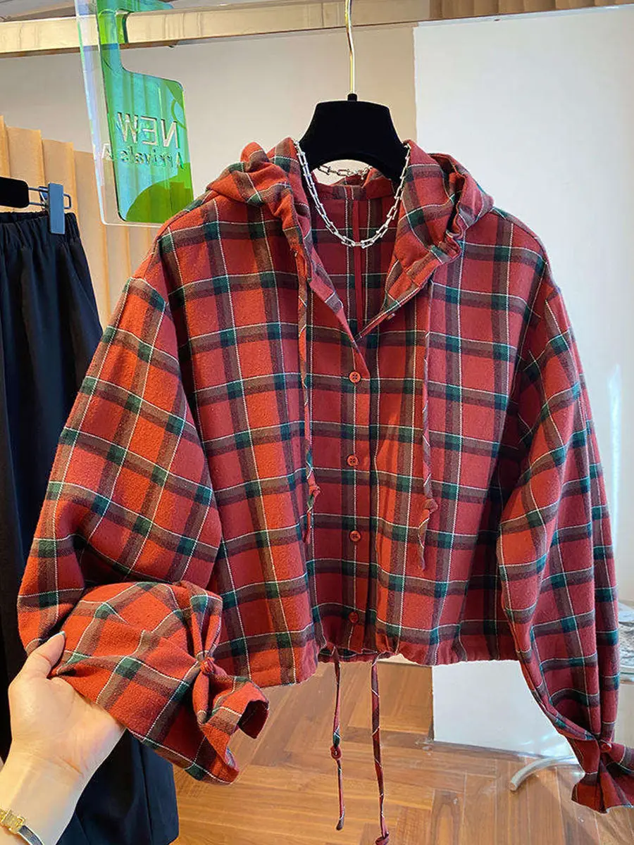 Hooded Red Checkered Shirt For Women's Spring And Autumn New Style Loose Short Cardigan Casual Thin Jacket
Hooded Red Checkered Shirt For Women's Spring And Autumn New Style Loose Short Cardigan Casual Thin Jacket