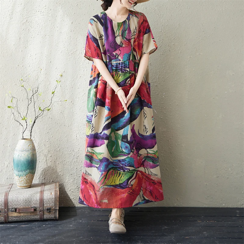 Summer Artistic plus Size Women's round Neck Loose Floral Dress Long City Walk Cotton Blend Short Sleeve Maxi Dress
Summer Artistic plus Size Women's round Neck Loose Floral Dress Long City Walk Cotton Blend Short Sleeve Maxi Dress