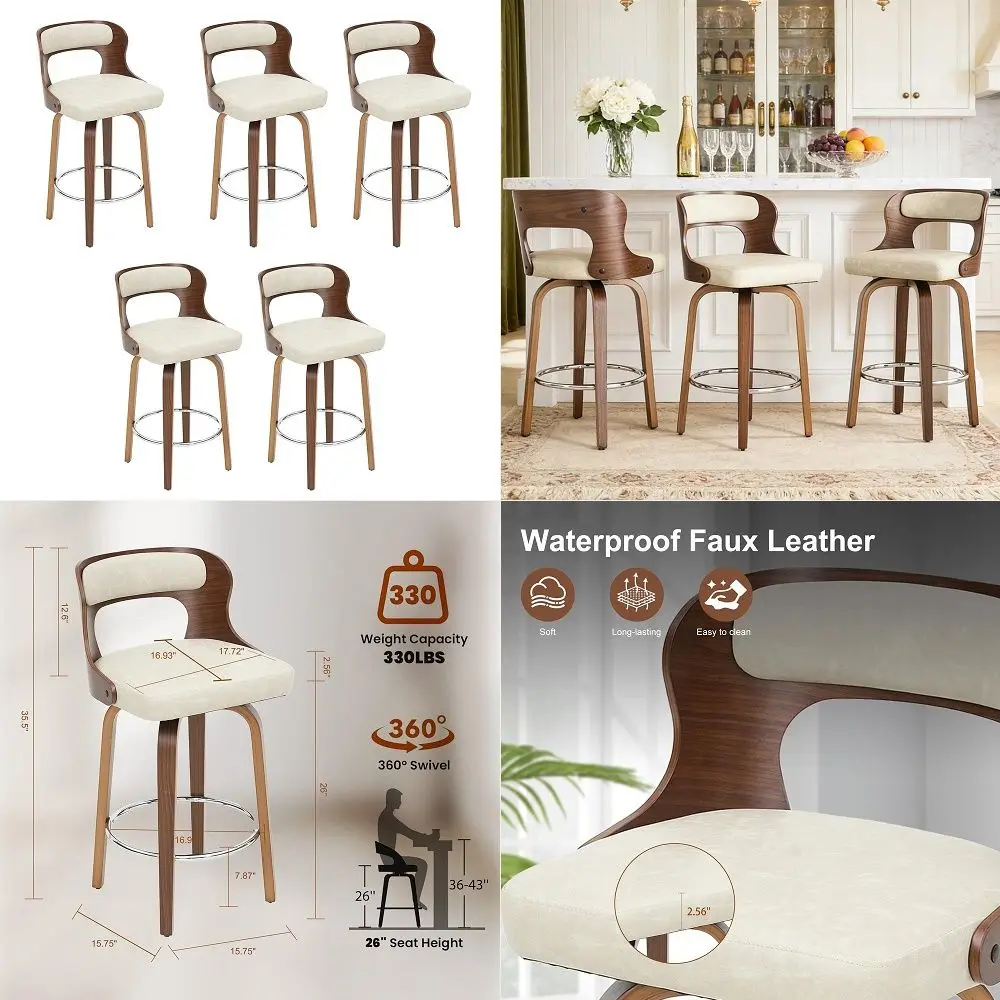 Bar Stools Set of 5, 26 Counter Height Bar Stools, MidCentury Modern PU Leather Modern Island Chairs with Back and Footrest, fo
Bar Stools Set of 5, 26 Counter Height Bar Stools, MidCentury Modern PU Leather Modern Island Chairs with Back and Footrest, fo