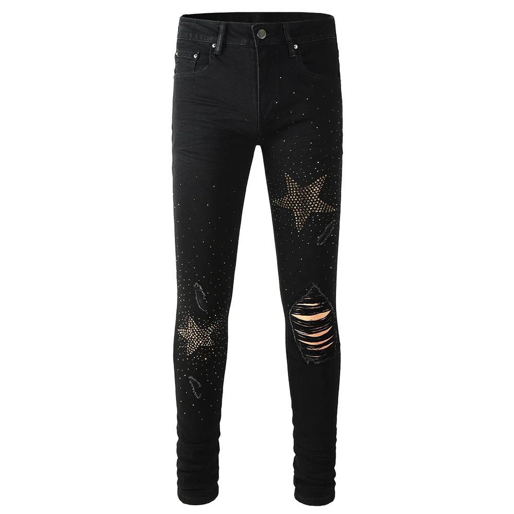 Men Star Crystal Denim Jeans Streetwear Rhinestone Skinny Tapered Pants Holes Ripped Black Stretch Trousers
Men Star Crystal Denim Jeans Streetwear Rhinestone Skinny Tapered Pants Holes Ripped Black Stretch Trousers