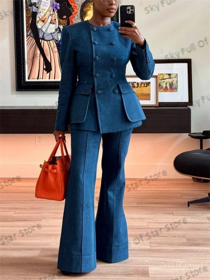 Denim Blue Women Suit Set Customized 2 Pcs Blazer+Flare Pants Trousers Double Breasted Formal Office Jacket Wedding Prom Coat
Denim Blue Women Suit Set Customized 2 Pcs Blazer+Flare Pants Trousers Double Breasted Formal Office Jacket Wedding Prom Coat