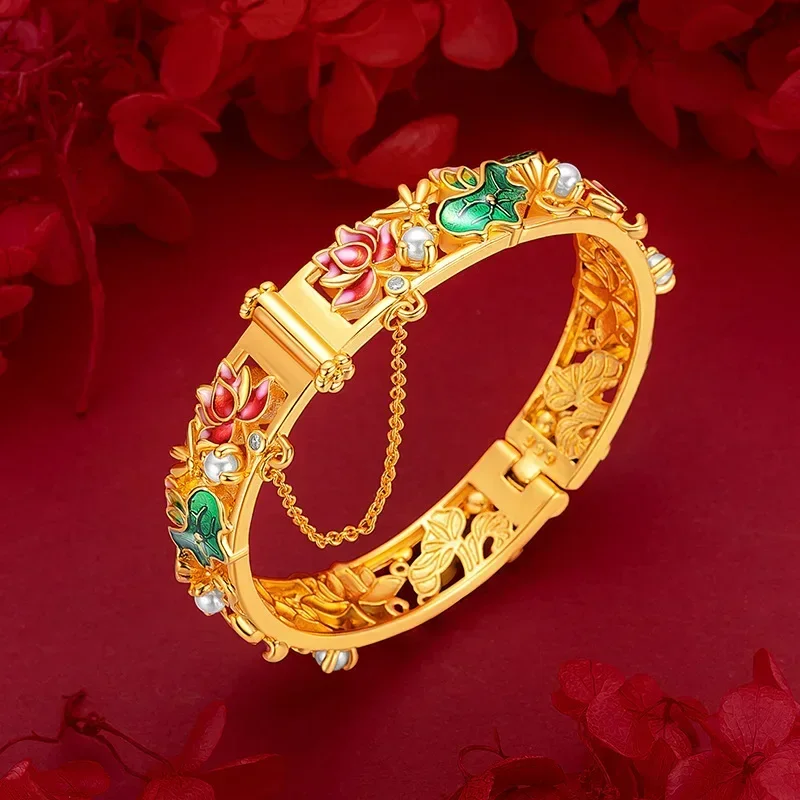 Fine pure gold AU999 real gold 24K gold ethnic style enamel lotus bracelet pearl lotus buckle large bracelet ladies gold bracele
Fine pure gold AU999 real gold 24K gold ethnic style enamel lotus bracelet pearl lotus buckle large bracelet ladies gold bracele