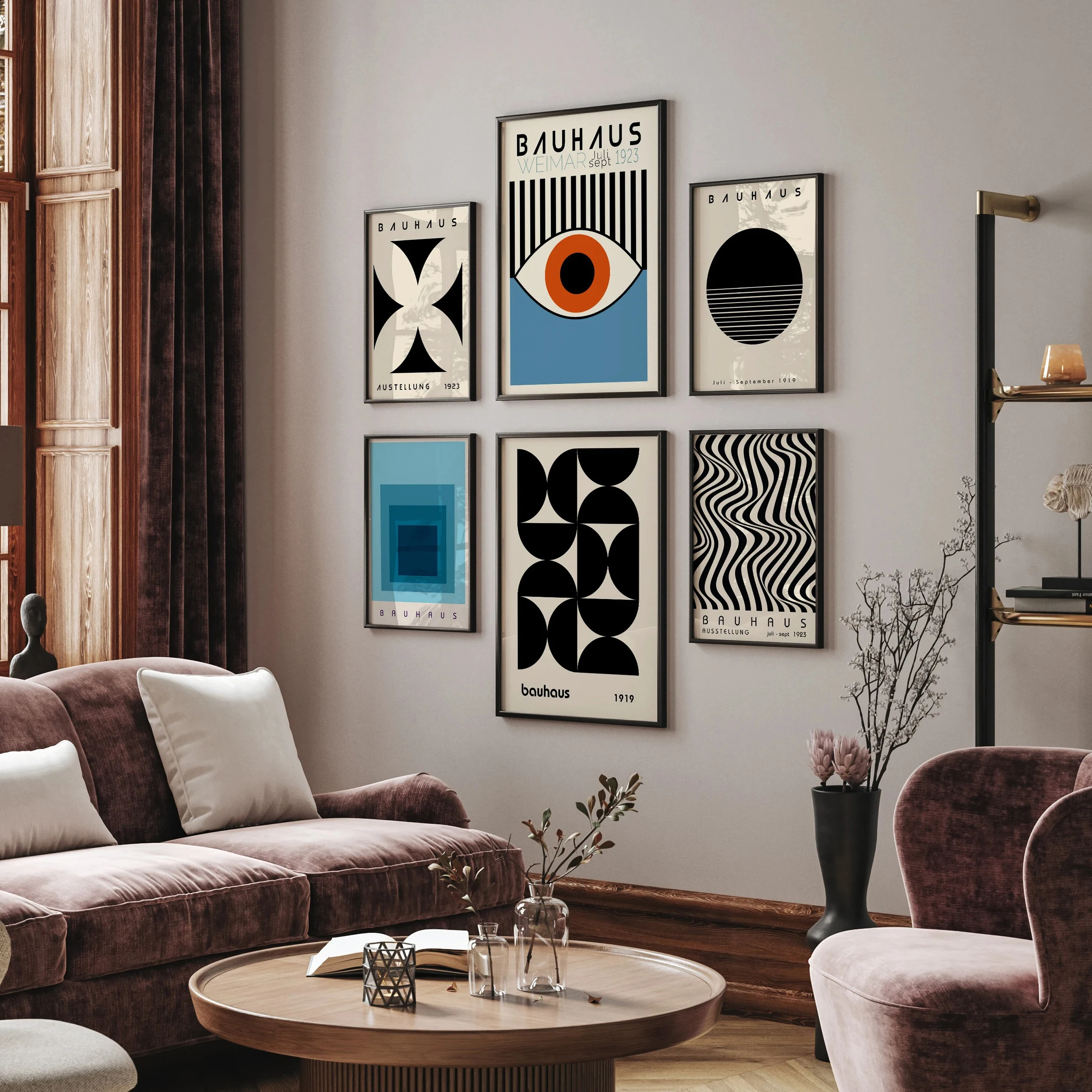 Bauhaus exhibition poster; Six medieval-modern style prints; Retro abstract art; Retro geometric patterns; Gallery home decor.
Bauhaus exhibition poster; Six medieval-modern style prints; Retro abstract art; Retro geometric patterns; Gallery home decor.
