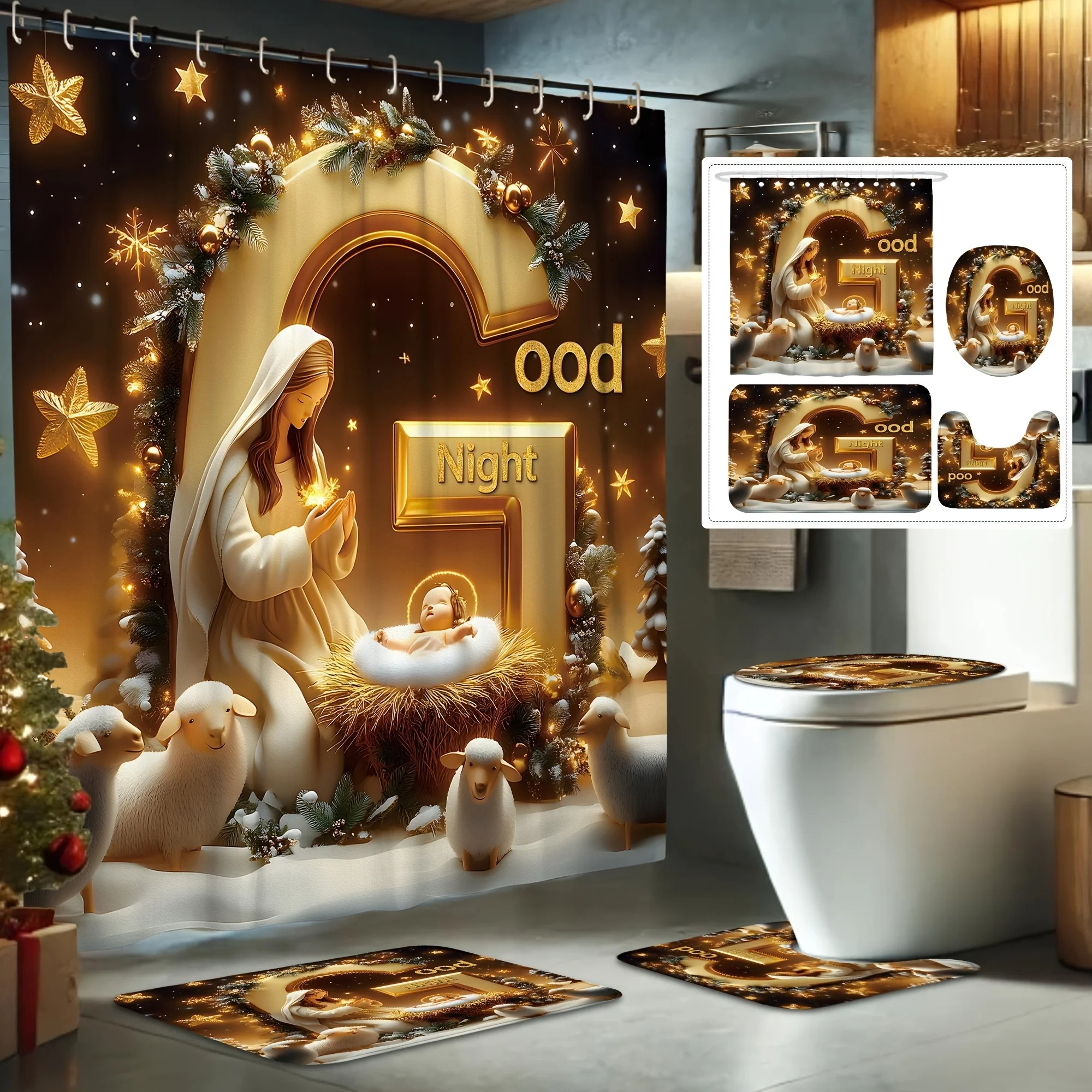4Pcs Xmas Winter Bath Set, Goodnight Sheep & Ball, Religious Gold, Holiday Bath Decor, 12 Hooks, Non-Slip U-Shaped Cover
4Pcs Xmas Winter Bath Set, Goodnight Sheep & Ball, Religious Gold, Holiday Bath Decor, 12 Hooks, Non-Slip U-Shaped Cover