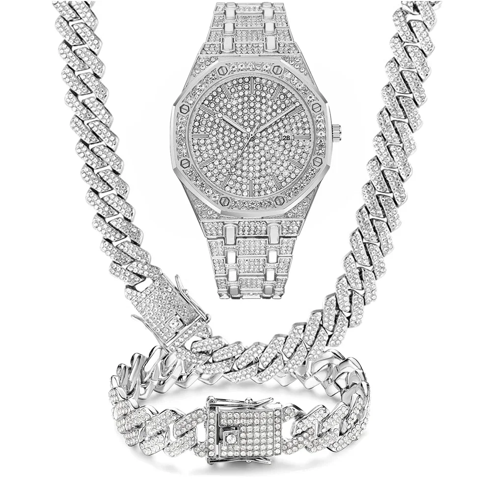 3 шт., серебристый, золотой комплект ювелирных изделий, 15 мм, Bling Iced Out, кубинское ожерелье, часы-календарь, браслет для мужчин и женщин, праздничные подарки на день рождения
3 шт., серебристый, золотой комплект ювелирных изделий, 15 мм, Bling Iced Out, кубинское ожерелье, часы-календарь, браслет для мужчин и женщин, праздничные подарки на день рождения