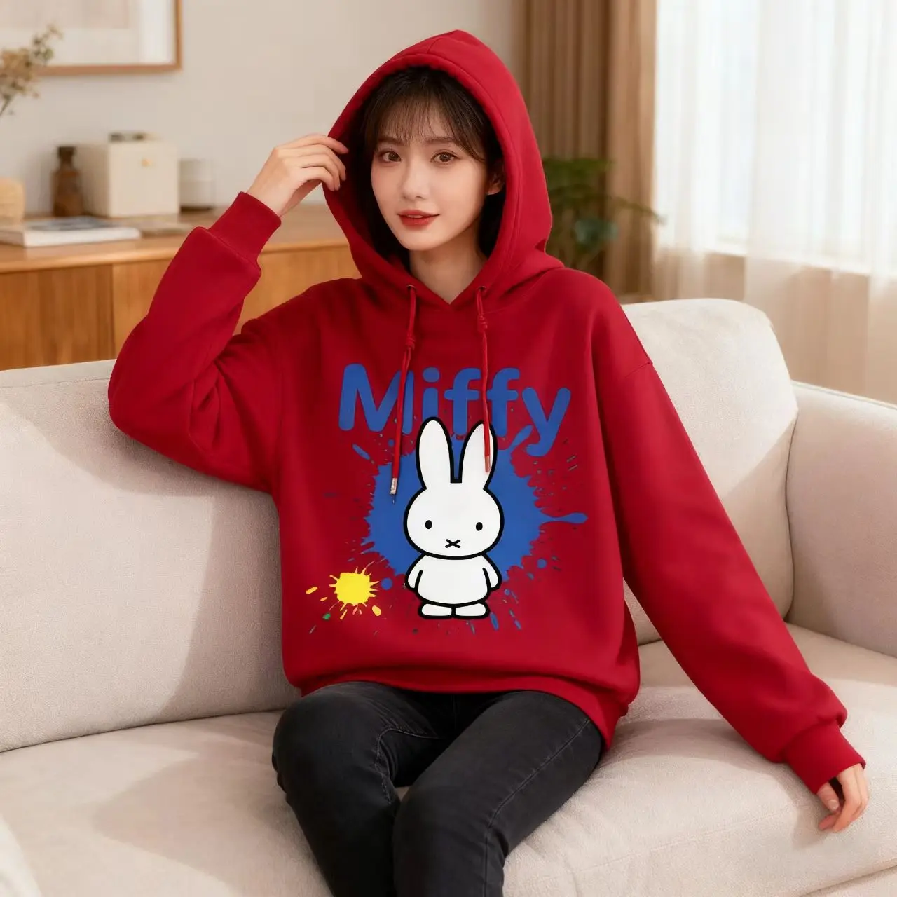 Новый пуловер с капюшоном Miffy, повседневная и удобная хлопковая модная спортивная одежда с длинными рукавами и принтом в стиле каваи с героями мультфильмов
Новый пуловер с капюшоном Miffy, повседневная и удобная хлопковая модная спортивная одежда с длинными рукавами и принтом в стиле каваи с героями мультфильмов